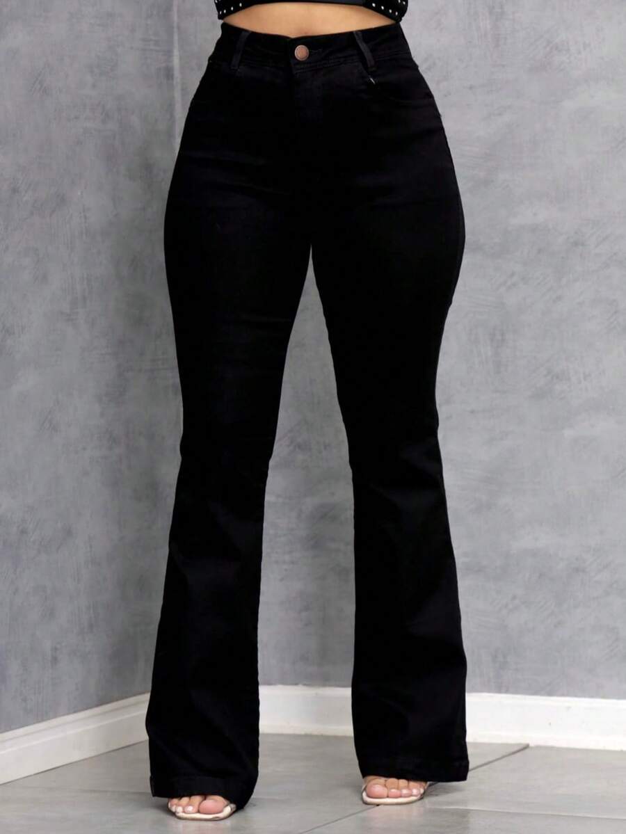 Women's High Waist Flare Jeans With Lycra - màu đen - Xem 1