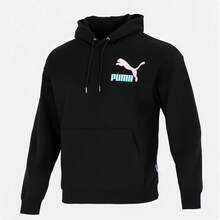 Puma 男士撞色帶口袋圖案印花運動休閒舒適長袖連帽衛衣 - 黑色 - 查看 4