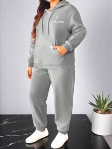 Conjunto deportivo informal de talla grande para mujer, chaqueta con capucha, hombros caídos, manga larga, cremallera y bolsillos, pantalones largos con cordón a juego. - Gris - Ver 1