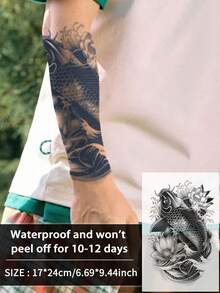 1Pc Fake Tattoo Temporary Tattoos Semi Permanent Tattoo Koi Carp Traditional Waterproof Sweatproof Last For 1-2 Weeks Realistic Herbal Juice Anti-Friction Non-Reflective Black For Woman And Men Tattoo Stickers For Arm, Chest, Leg, Abdomen, Waist, Finger, Neck, Spine, Modernist Body Art - Black - View 7
