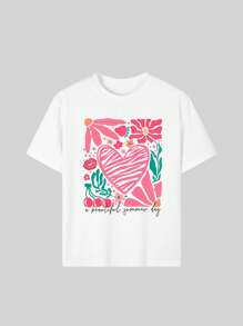1 buc Tricou cu mânecă scurtă, cu guler rotund și imprimeu grafic casual pentru fete adolescente, îmbrăcăminte de vară pentru studenți - Tricou minimalist în stil englezesc care inspiră imaginația și exprimarea de sine