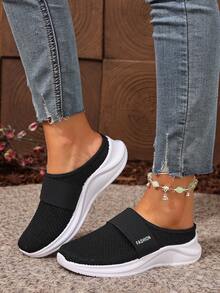 2025新款女士透气拖鞋，休闲运动鞋，纯色系带低帮运动鞋，织物鞋面和橡胶鞋底，平头设计，适合户外休闲，适合所有季节 - 黑色 - 查看 7