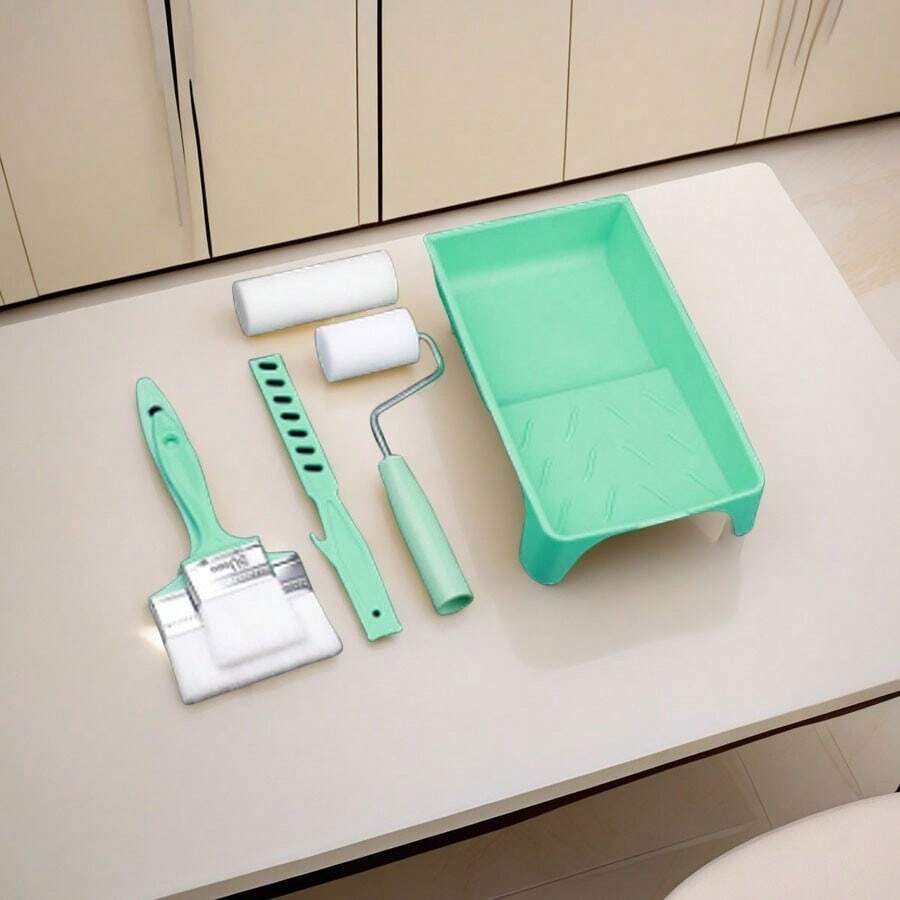 Juego de 4 piezas: Bandeja de pintura de 4 pulgadas + rodillo de esponja + brocha de cerdas con base de agua, herramientas de pintura látex para paredes, artículos esenciales para la decoración del hogar DIY