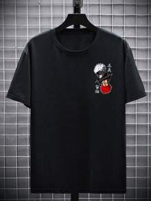 Plus Size Men's Cartoon Graphic Print Casual Round Neck Short Sleeve T-Shirt, Summer - Black - View 2