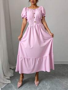 Liso    Bohemio  Elegante    Bajo con volante  Botón delantero  Botón    Playa    Verano - Rosa - Ver 3