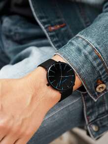 Montre à quartz de mode pour homme avec décoration bleue et rouge, bracelet en maille d'acier inoxydable, cadeau stylé