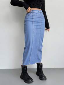 Falda vaquera para mujer, color liso, informal, elegante, para fiesta, con bolsillos, cremallera y botones, para uso diario. - Lavado ligero - Ver 3