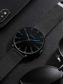Montre à quartz de mode pour homme avec décoration bleue et rouge, bracelet en maille d'acier inoxydable, cadeau stylé