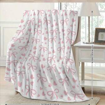 Soft Flannel Blanket With Pink Bow And Heart Print - Comfortable Blanket For Sofa, Office, Camping, All Season - Asian Style Home Decor, All Season Blanket | Asian Style Design | Pink Bow Print