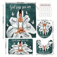 1 pièce/3 pièces/4 pièces Ensemble de rideaux de douche avec verset biblique inspirant - Femme dans le motif de la fleur de lotus avec les messages "Dieu dit que tu es" (Élu, Précieux, Pardonné) | Inclut la housse de siège de toilette, tapis de bain, tapis de sol | Fond de planches de bois bleu, accents de papillon blanc | Tapis antidérapants épaissis, Tailles multiples (rideau 70,8 po H, 13,8 po/29,1 po tapis) | Parfait pour les salles de bain modernes inspirées de la foi Rentrée scolaire