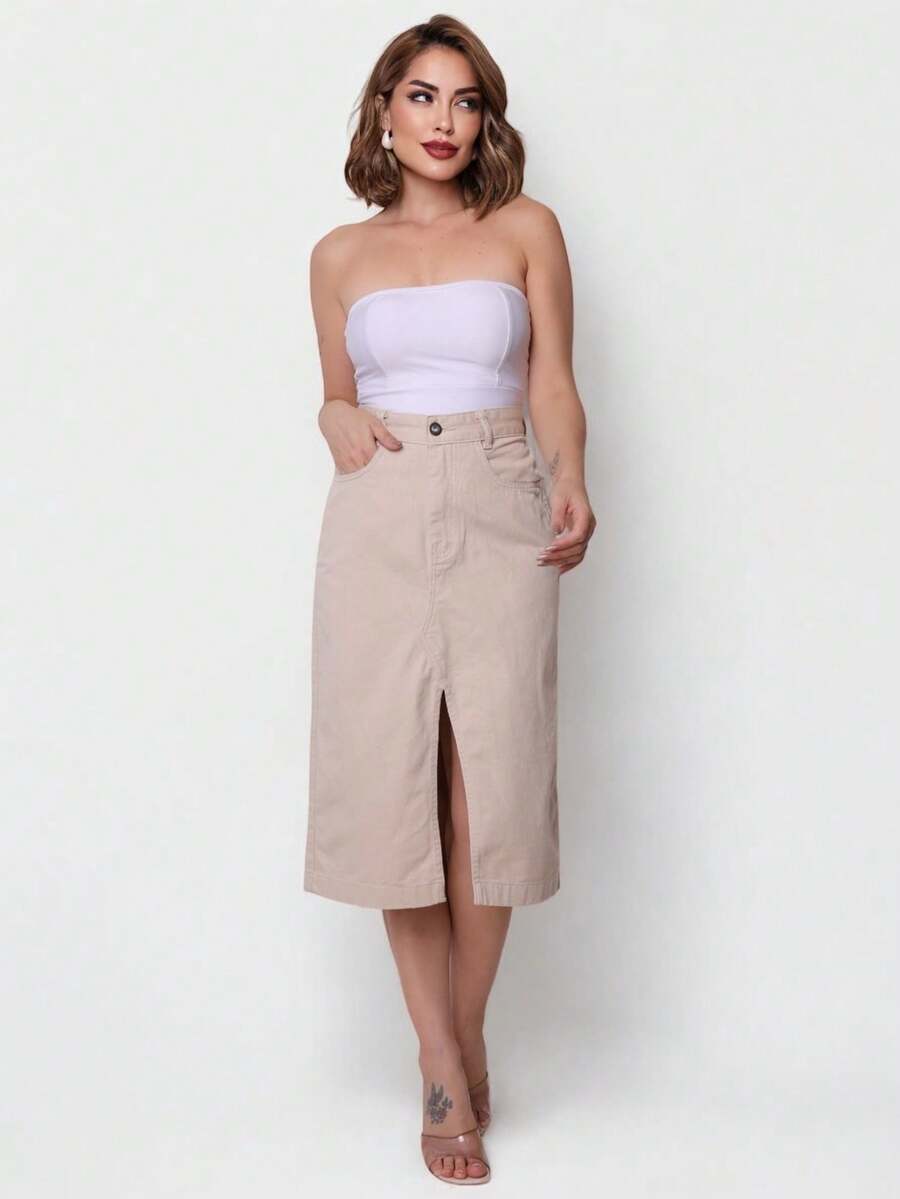 New Women's Slit Denim Skirt With Belt - Beige - View 1