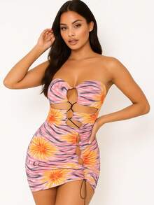 Vestido Corto con Estampado Psicodélico y Detalles Cut-Out – Luce Sexy y Moderna - Rosa/Amarillo/Naranja/Azul - Ver 3