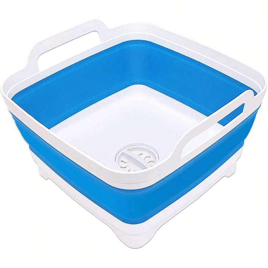 New 2.4 Gal(9L) Collapsible Dish Basin  Drain Plug, Space Saving Outdoor Multiuse Foldable Sink Tub, Dishpan,  Storage Tray For Camping, Vegetable Washing, RV (Sky Blue)