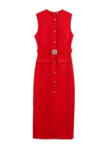 SHIBASHAN Damen elegantes rotes Midikleid mit rundem Ausschnitt, ärmellos, mit Gürtel, lässiger Sommerstil, einreihig, Tanktop, langes Kleid - Rot - Übersicht 5