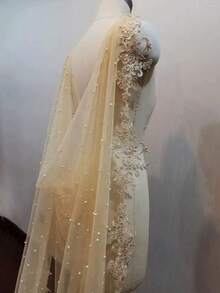 欧美新娘蕾丝手工串珠珍珠新娘婚纱，配有可拆卸拖尾和肩披，适合女性的百搭秋季服装 - 香檳色 - 查看 5