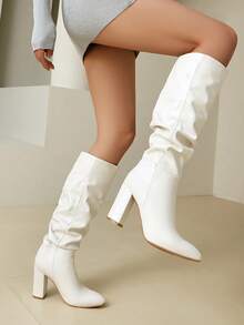 White Pointed Toe Thick Heel Long Boots, Women's Fashion Knee-High Boots, Gothic Style, Versatile For All Seasons - White - View 3