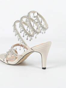 Women's Slim High Heel Sandals, Fashion Simple Straps Rhinestone Snake Wrap Round Toe, Suitable For Summer & Autumn - Beige - View 5