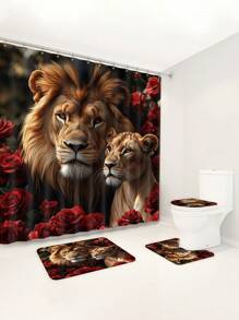 1pc/4pcs Lion Rose Pattern Shower Curtain Sets Gifts, Romatic Bathroom Sets With Shower Curtain And Rugs, WaterProof Home Bathroom Decoration And Toilet Floor Mats 3pcs Set With 12 Shower Curtain Hooks Bathroom Accessories Back To School
