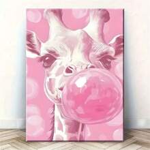 1 Unique Style Solid Painting Whimsical Pink Bubble Gum Giraffe Portrait Wall Art, Vibrant Ready To Hang Home Decor For Living Room & Bedroom, ,No Frame