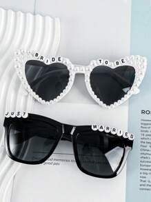 2pcs Y2K Retro Style Party/Wedding Couple Fashion Glasses Set - Women Faux Pearl Decor Heart Shape Beach Accessories, Women Glasses & Fashion Glasses Fashion Glasses For Women Ladies Shades Beach Accessories Vintage Y2k Valentine's Day For Summer Beach Vacation,Outdoor,Travel Pearl Decor Party Style Combination Frame For Music Festival