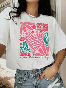 1 buc Tricou cu mânecă scurtă, cu guler rotund și imprimeu grafic casual pentru fete adolescente, îmbrăcăminte de vară pentru studenți - Tricou minimalist în stil englezesc care inspiră imaginația și exprimarea de sine