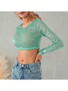 Blusas de fiesta para mujer con mangas largas, cuello redondo, llenas de lentejuelas brillantes y destellos - azul - Ver 5