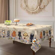 1 pezzo Tovaglia rettangolare/rotonda a tema gatto - Design adorabile di gattini e impronte di zampe, decorazione a motivo di lisca di pesce, adatta per feste, cucina e uso all'aperto - Idea regalo perfetta per il riscaldamento della casa e le vacanze, decorazione da tavolo | Bordo ondulato, regalo perfetto per gli amanti dei gatti - Multicolore - Visualizzare 4