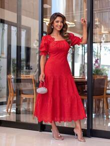 Elegant Simple Cotton Linen Dress Casual Embroidery Ruffle Hem Asymmetrical Eyelet Embroidery Modest Fashion Wedding