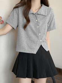 甜美设计 Polo 领修身不对称肩部短袖女衬衫