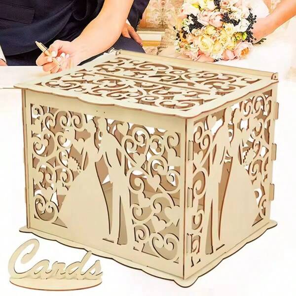 Wedding Wooden Gifts Card Boxes With Lock Hollow Mr & Mrs Flower Pattern Envelope Sign Card Wood Box DIY Rustic Wedding Supplies