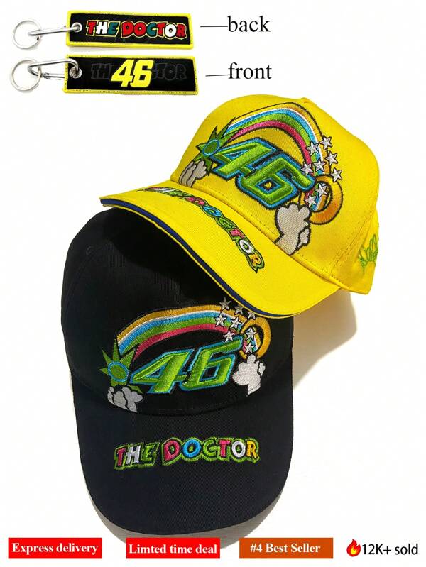 2 stuks/1 stuk nieuwigheid Y2K Hard-Top 46 Race Team regenboog 3D borduurwerk zonneklep verstelbare baseballpet en sleutelhanger, geschikt voor mannen en vrouwen casual outdoor kleding, alle seizoenen