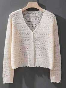 1pc Women's Shrug, Loose V-Neck Hollow Out Knitted Air-Conditioned Shirt, New Style Long Sleeve Sunscreen Cover Up Top Accessories Women