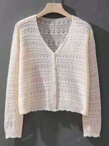 1pc Women's Shrug, Loose V-Neck Hollow Out Knitted Air-Conditioned Shirt, New Style Long Sleeve Sunscreen Cover Up Top Accessories Women