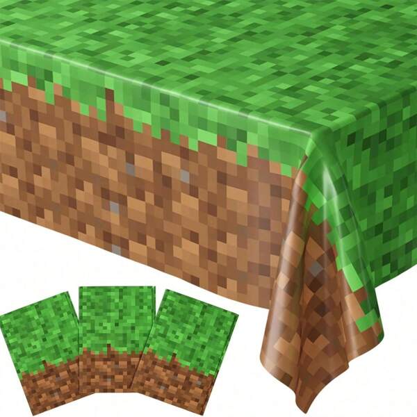 1 Stück Pixel-Erde-Gras Tischdecke, Einweg-Rechteck-Tischdecke, wasserdichte und ölbeständige Tischdecke für Partydekoration, Grüne Rasen-Bergbau-Tischdecke - Gamer Party Zubehör, Bergbau Craft Party Dekorationen