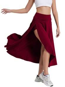 High Waist Maxi Skirt With Slit Ruffle Wrap Skirt Flowy Skirts For Women Long Skirts With Shorts Underneath - 酒紅色 - 查看 6