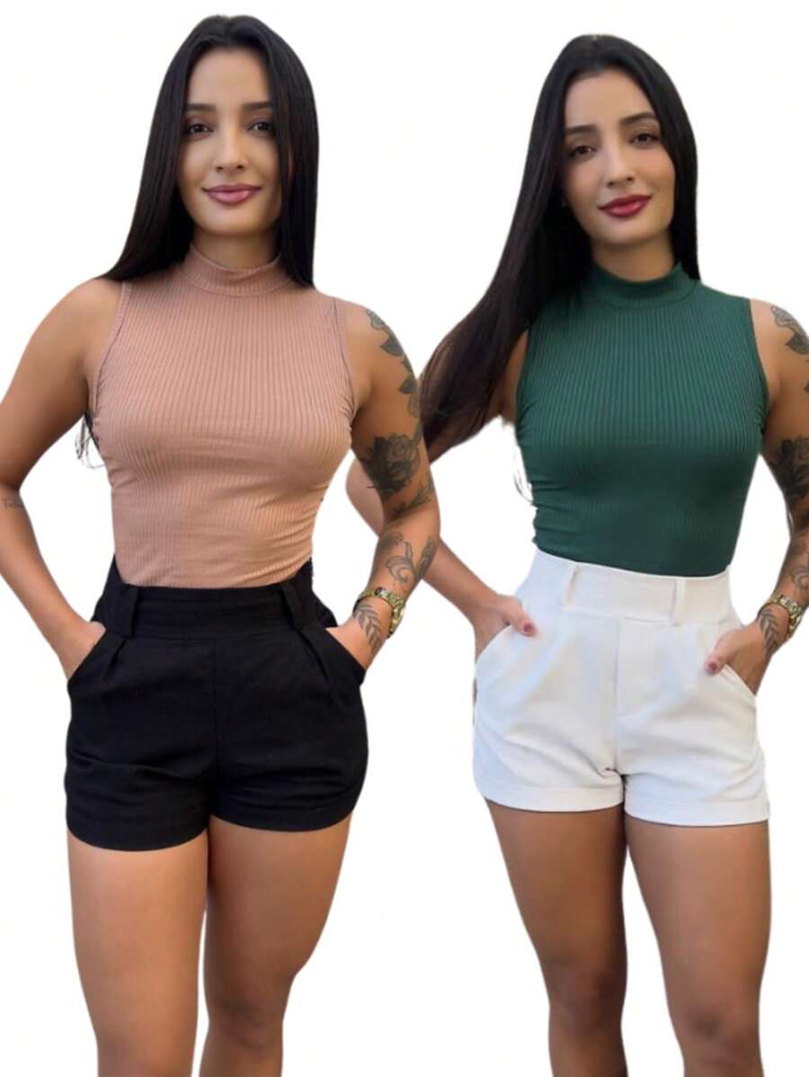Kit 2 Women's High Neck Blouse - Green/Brown - View 1