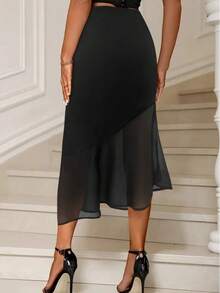 Elegant High Waisted Ruffle Hem Midi Skirt, Office & Evening Wear - Black - View 3