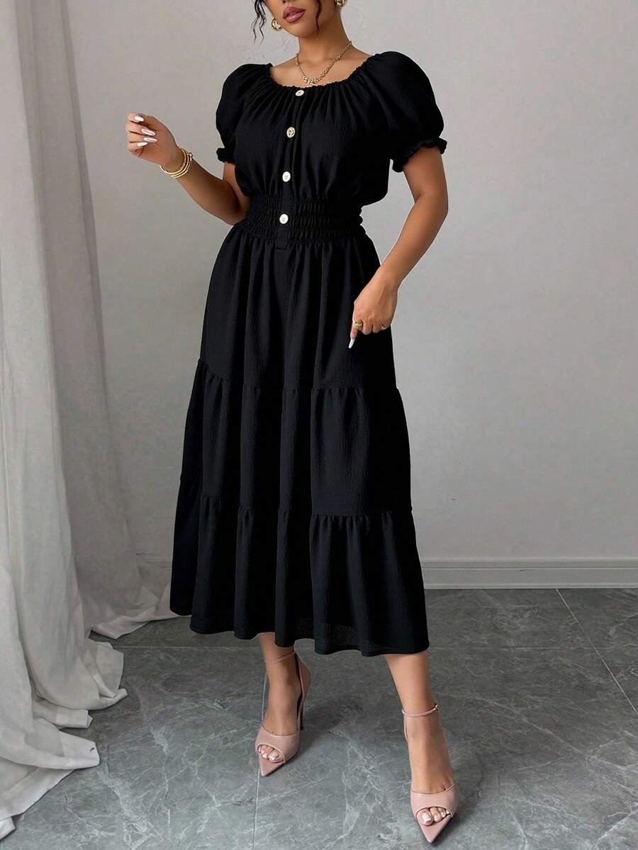 Liso    Bohemio  Elegante    Bajo con volante  Botón delantero  Botón    Playa    Verano - Negro - Ver 1