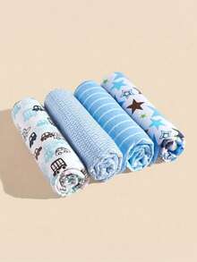 4 件套新生儿裹巾婴儿裹布春夏秋季婴儿毯襁褓印花床单 - 藍色 - 查看 1