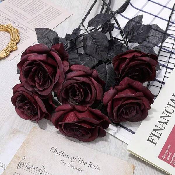 Dark Red Rose Artificial Silk Flower - Easter - Wedding Garden Decor - Kitchen Garden Decor - Home - Travel - Holiday Essential - Bedroom Decor - Bathroom Decor - Room Decor - Home Decor - Bedroom Decor - Valentine's Day Scene Decoration - 2025 Landscaping Decor, Scene Arrangement - Gothic Rose Fake Flower For Dark Style Photography Prop - Artificial Flower - Party Decor - Room Decor, Decorative Landscaping