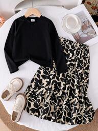 2pcs/Set Girls Black Round Neck Knit Long Sleeve Top + Ditsy Floral Skirt Outfit, Spring/Autumn, Girls Long Sleeve Casual Set, Solid Color Fashion Soft Comfortable Clothing, Young Lady Top And Mini Skirt Two Pieces Suit, Suitable For Outdoor, Daily, Leisure Wear
