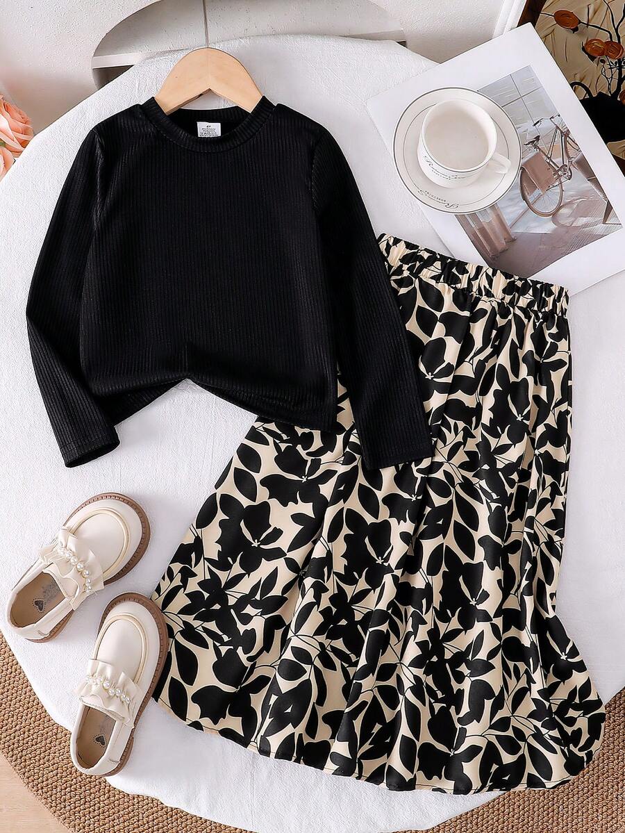 2pcs/Set Girls Black Round Neck Knit Long Sleeve Top + Ditsy Floral Skirt Outfit, Spring/Autumn, Girls Long Sleeve Casual Set, Solid Color Fashion Soft Comfortable Clothing, Young Lady Top And Mini Skirt Two Pieces Suit, Suitable For Outdoor, Daily, Leisure Wear - 黑色 - 查看 1