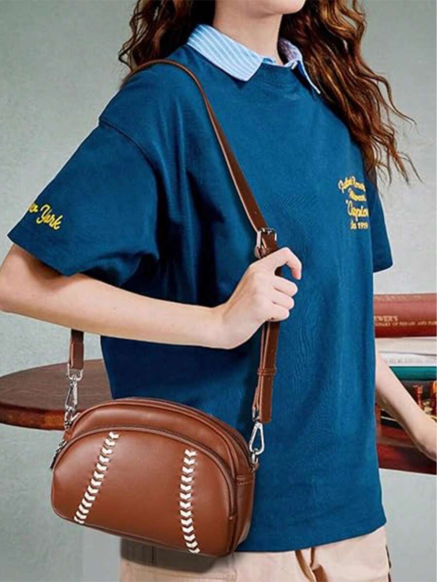 Retro And Fashionable Baseball-Style Single-Shoulder Bag With A Zipper And A-Body Strap. - Black - View 1