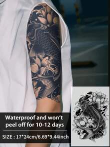 1Pc Fake Tattoo Temporary Tattoos Semi Permanent Tattoo Koi Carp Traditional Waterproof Sweatproof Last For 1-2 Weeks Realistic Herbal Juice Anti-Friction Non-Reflective Black For Woman And Men Tattoo Stickers For Arm, Chest, Leg, Abdomen, Waist, Finger, Neck, Spine, Modernist Body Art - Black - View 13