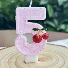 1 pieza Vela con número de cumpleaños, vela de cumpleaños con cereza, vela de pastel con lentejuelas como decoración, adecuada para celebraciones de aniversario de niñas y mujeres