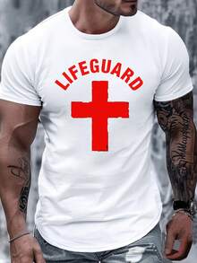 LIFEGUARD With Red Cross 180g Pure Cotton Men's T-Shirt,Comfort Fit, Homme Street Life  Graphic Tee, Daily Wear,Summer Top,School, Streetwear, Casual, Fashionable - 白色 - 查看 1