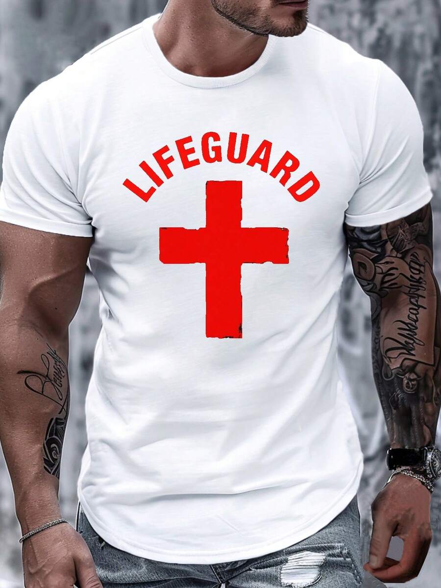 LIFEGUARD With Red Cross 180g Pure Cotton Men's T-Shirt,Comfort Fit, Homme Street Life Graphic Tee, Daily Wear,Summer Top,School, Streetwear, Casual, Fashionable - 白色 - 查看 1