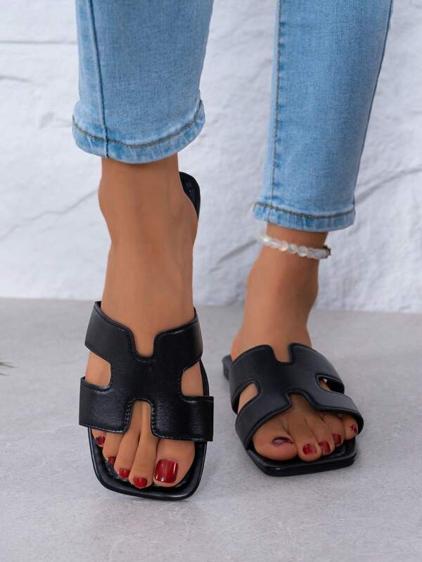 New Black H-Cut Flat Sandals: Square Toe, Comfortable Slip-On Design, Perfect For Beach Days & Casual Outings - Summer 2025 Black H-Shape Buckle Sandals: Faux Leather Flat Slides, Versatile & Stylish For Teen Girls & Women, Everyday Summer Footwear