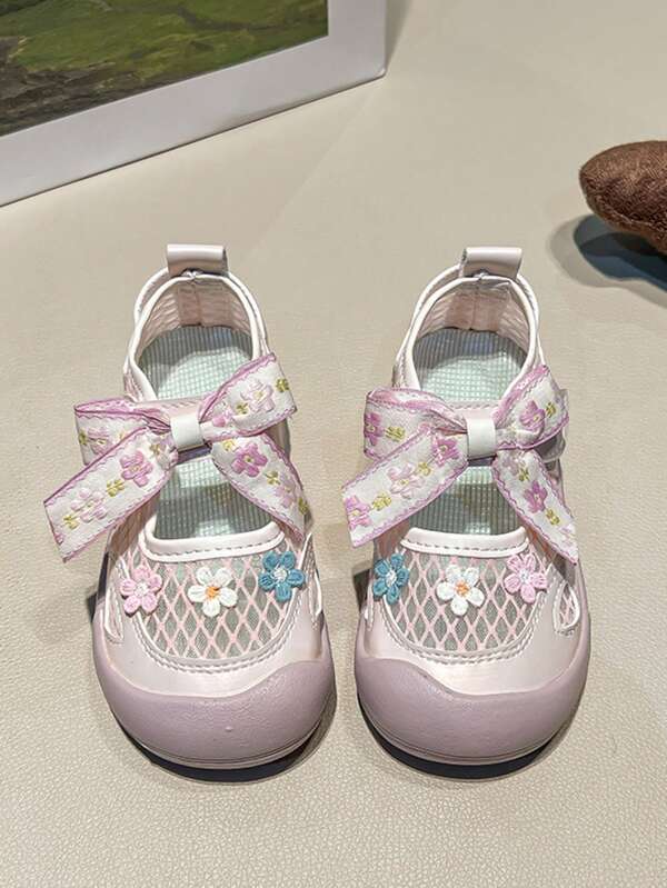1 Pair Girls Fashion Flat Shoes, Solid Color Partial Mesh Vintage Bowknot Decoration Round Toe Flats, Suitable For Spring, Summer, Autumn Outdoor Wear, Street Style, Performance