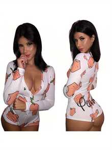 Women Summer Short Jumpsuit, Pepper/Peach Patterns Long Sleeve Deep V-Neck Button-Down Slim Home Wear, One-Piece Sleepwear